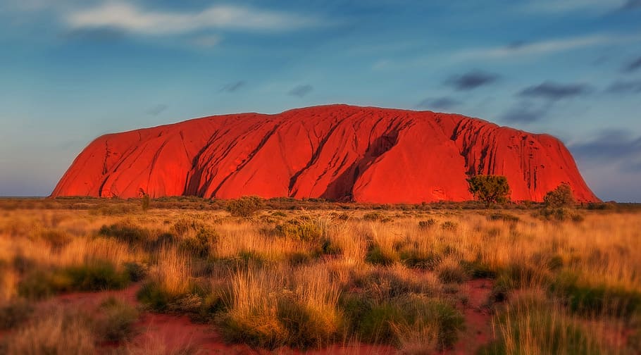 brown mountain, uluru, australia, monolith, red, nature, outdoors, landscape, beauty in nature, grass