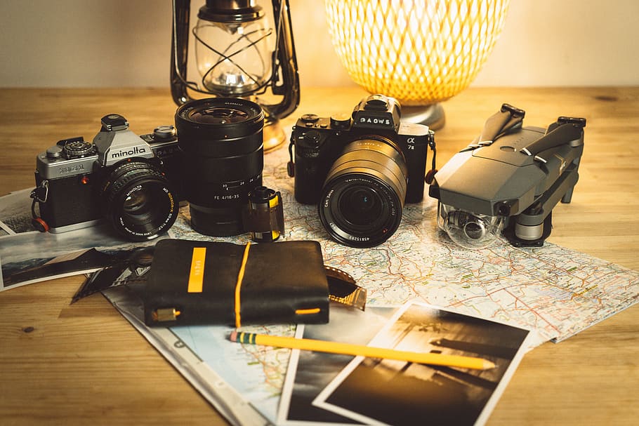 câmera, lente, vintage, antigo, fotografia, filme, fotógrafo, mesa, mapa, passatempo
