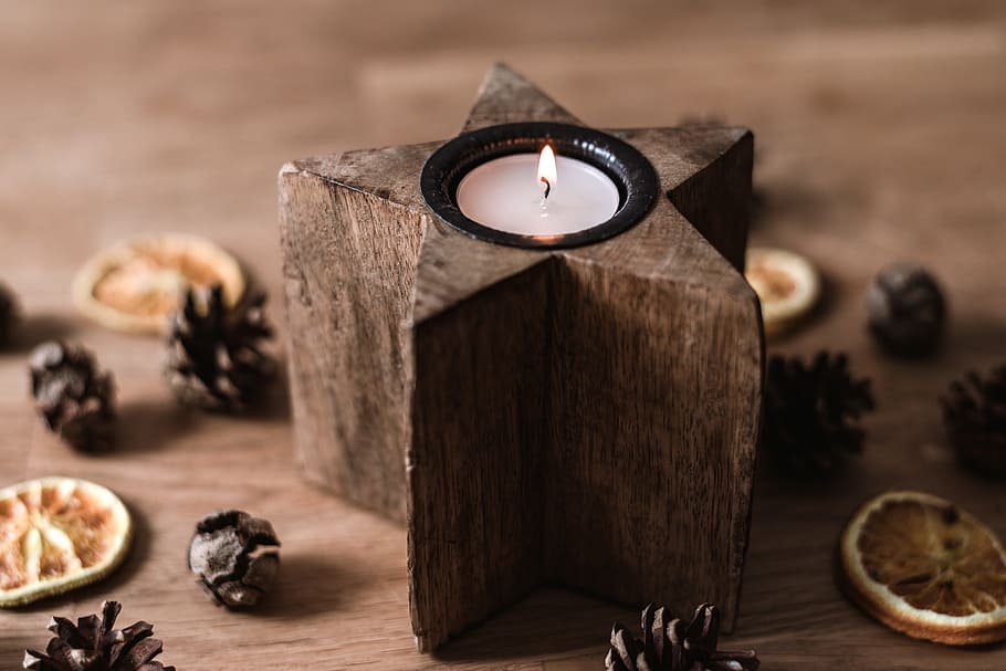 brown, wooden, star, votive, candle, table, tealight, advent, christmas, decoration