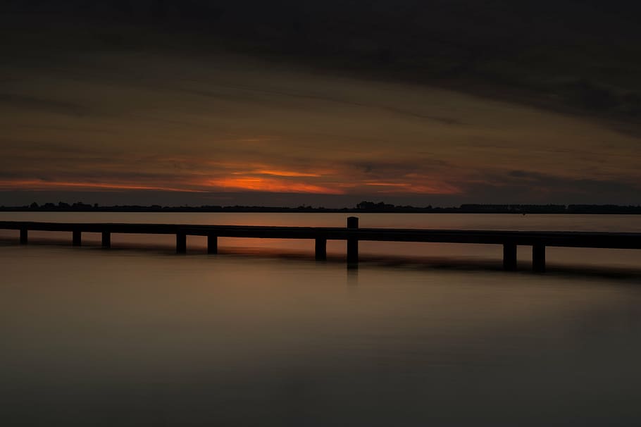 dock, body, water, black, wooden, sunset, pier, lake, sky, clouds