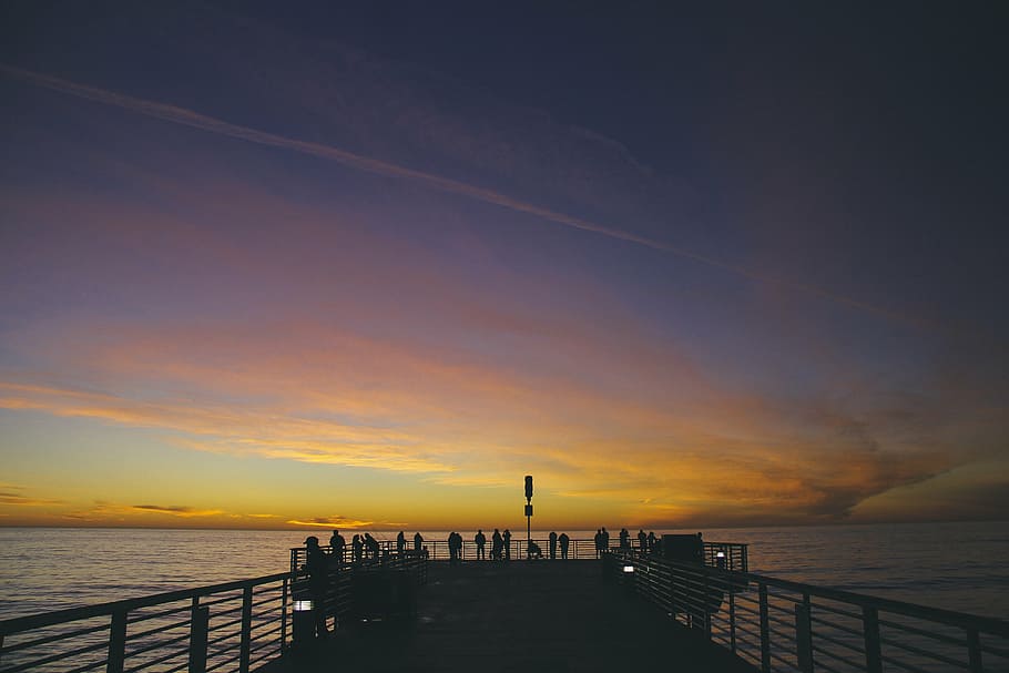 silhouette, people, dock, sunset, purple, yellow, sky, pier, ocean, water