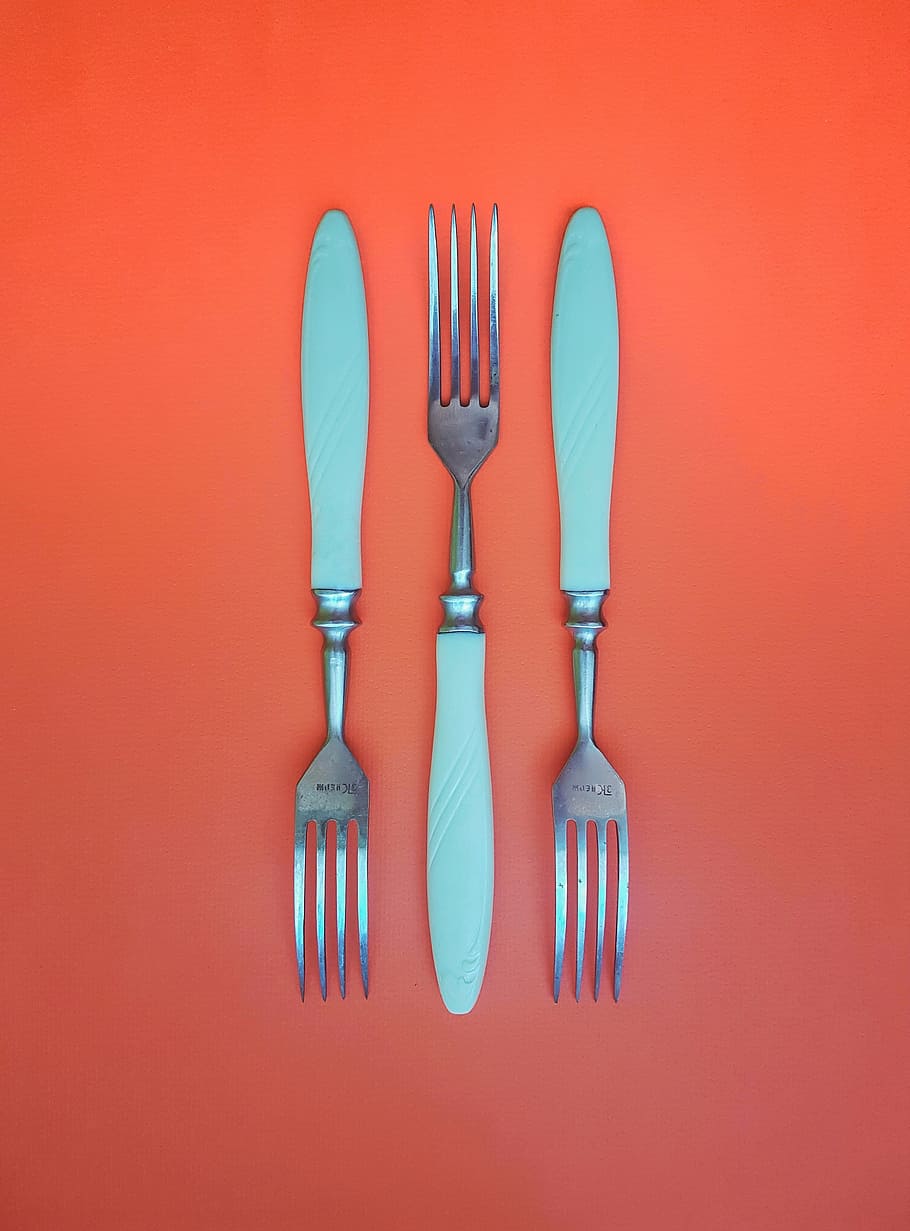 three, silver forks, orange, surface, background, breakfast, brown, burlap, fabric, cutlery