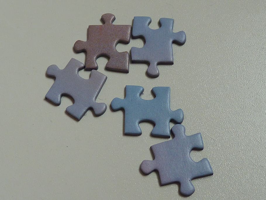 five, puzzle pieces, beige, surface, puzzle, puzzle piece, play, solution, jigsaw puzzle, jigsaw piece