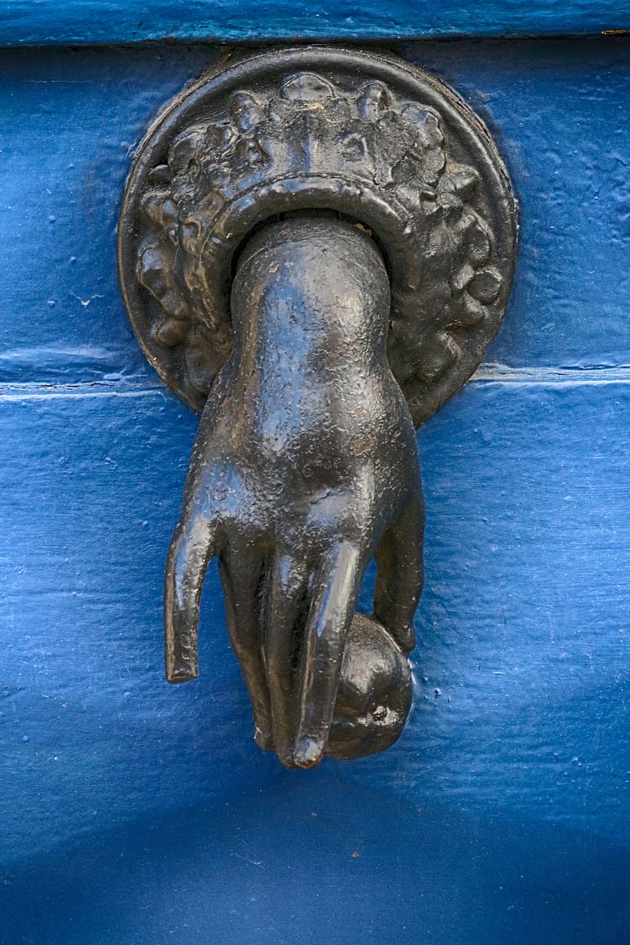 knocker, door, hand, woman, apple, metal, blue, vintage, old, architecture