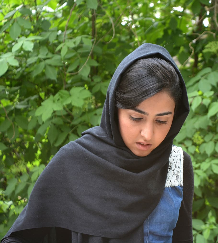woman, wearing, black, hijab, looking, green, plants, girl, afghanistan, muslims