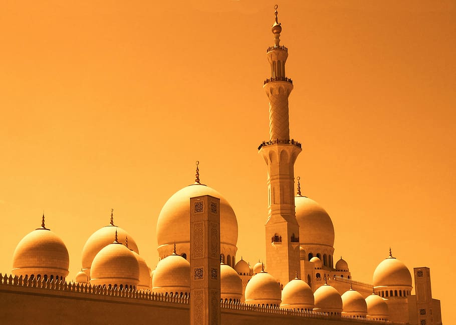 ilustração do marco, dubai, mesquita, laranja, ouro, céu laranja, crepúsculo, paisagem, arquitetura, sol