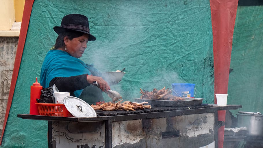 Ekuador, pasar, guamote, indio, barbekyu, andes, penjual jalanan, makanan, makanan dan minuman, satu orang