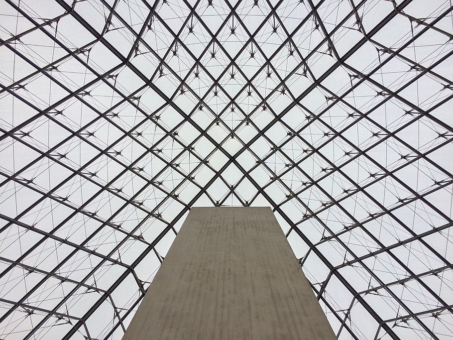 louvre, pyramid, mesh, perspective, losange, sky, frombelow, psychedelic, ceiling, roof