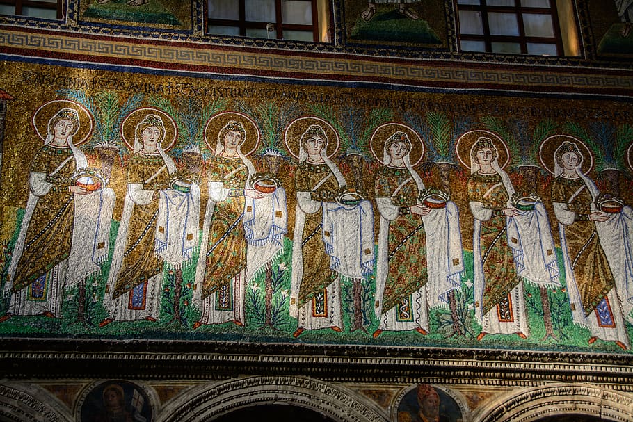 mosaic, church, wall, byzantine, art, artwork, of sant'apollinare nuovo, ravenna, built structure, art and craft