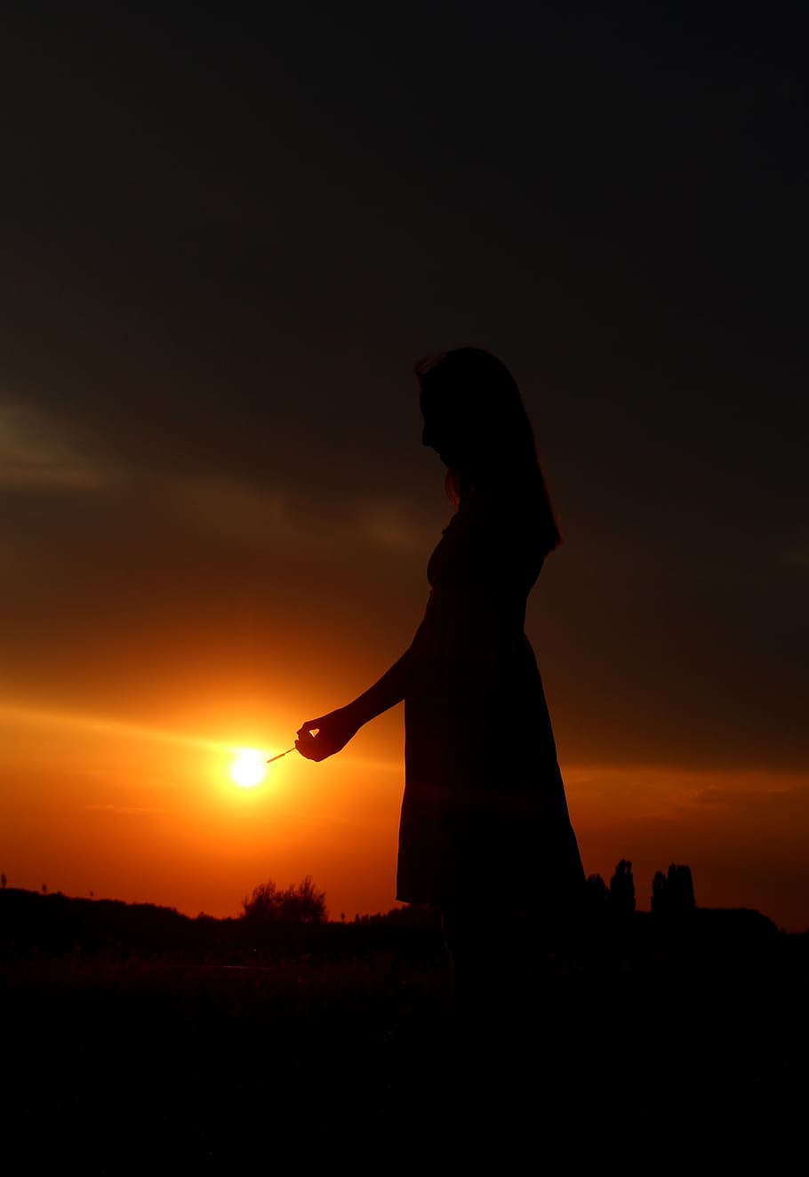 silhouette, woman, orange, sunset lowlight photography, Sun, Shadows, Play, Sunset, Girl, one woman only