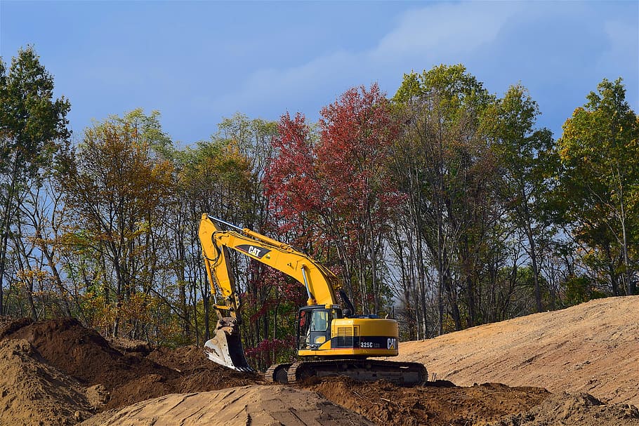 yellow, front loader, green, leaf trees, daytime, construction, machine, shovel, equipment, industry