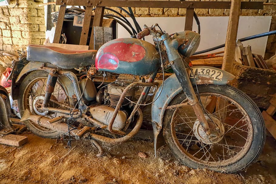 motocicleta, abandonado, viejo, ruina, olvidado, moto, reliquia, transporte, modo de transporte, dañado
