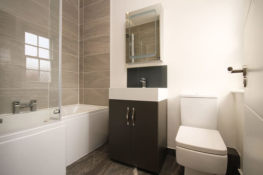 white, black, vanity, sink, toilet bowl, bathroom, modern, modern bathroom, home, interior