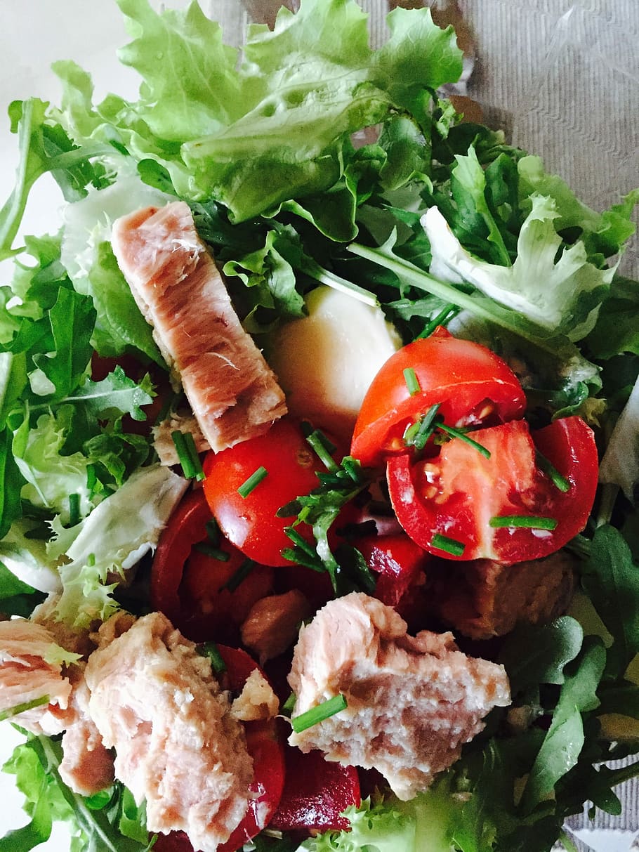 Salad, Tuna, Tomato, Chives, food and drink, food, vegetable, high angle view, healthy eating, freshness