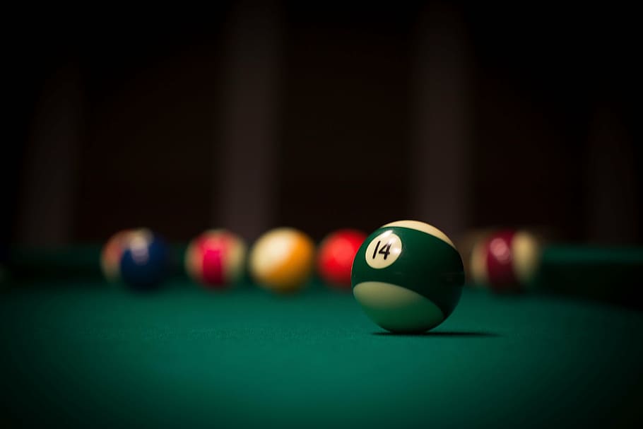 macro shot photography, #14 billi ard ball, ball, cue, pool Game, pool Cue, sport, playing, snooker, table