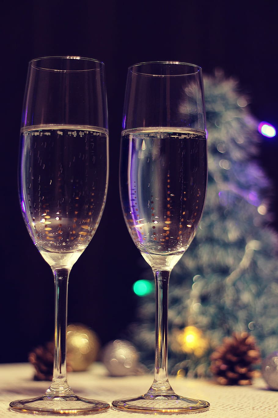 two, champagne flutes half, filled, champagne, flutes, celebration, wine, christmas, wineglass, drinking Glass