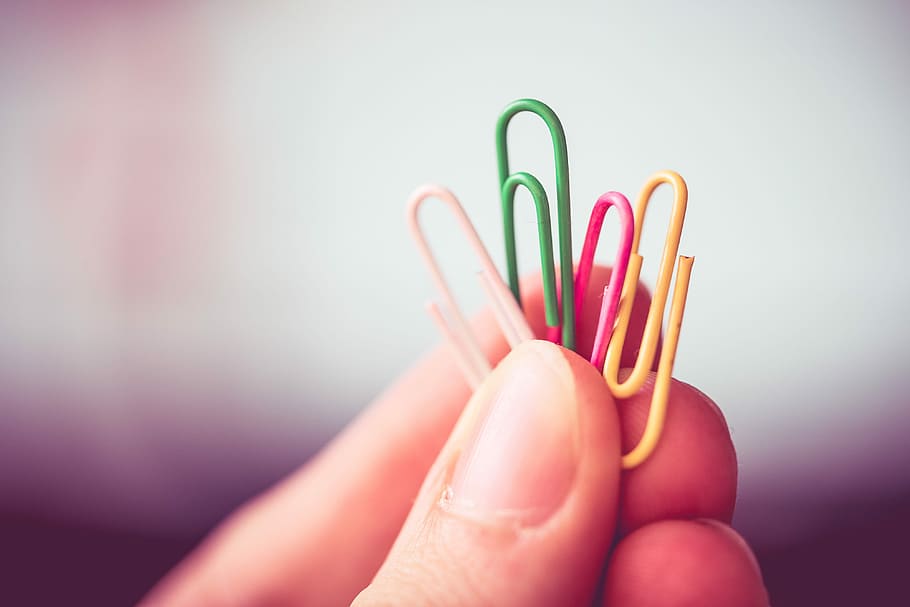 Man, Holding, Colorful, Paper Clips, clips, close up, hands, office, office supplies, room for text