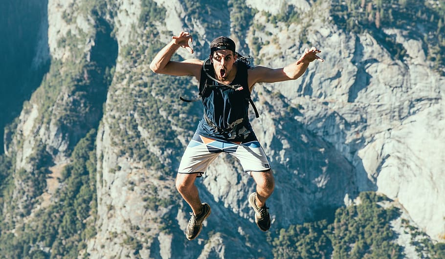 man, jumping, front, mountain, people, guy, roar, travel, hiking, millenials