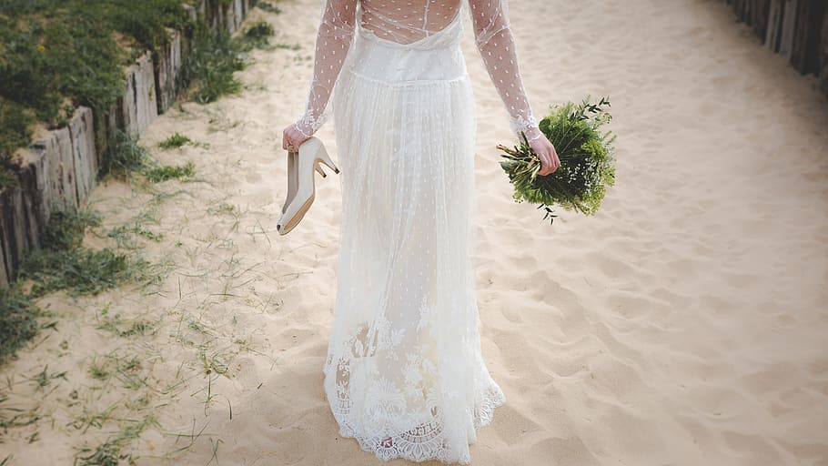 woman, girl, lady, people, bride, wedding, gown, bouquet, shoes, sand