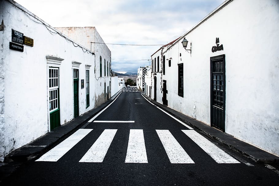 black, asphalt road, white, painted, buildings, calle jose betancort, teguise, lanzarote, road, zebra crossing