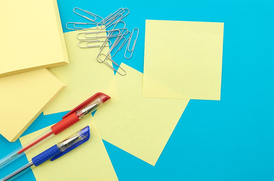 office, supplies, background, flat lay, note, paper, clips, objects, bright, copyspace