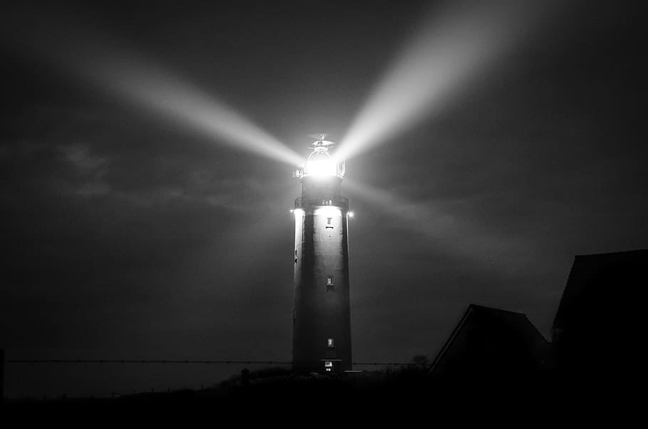 black, white, lighthouse poster, lighthouse, night, sea, coast, light, sky, tower