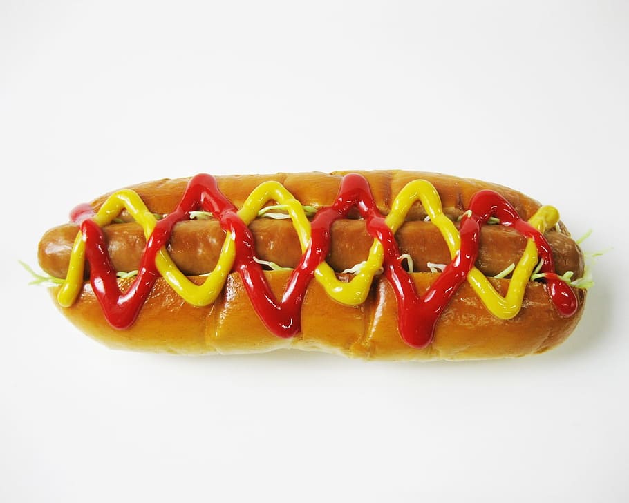 hotdog sandwich, blanco, superficie, caliente, perro, col, salchicha, mostaza, salsa de tomate, comida