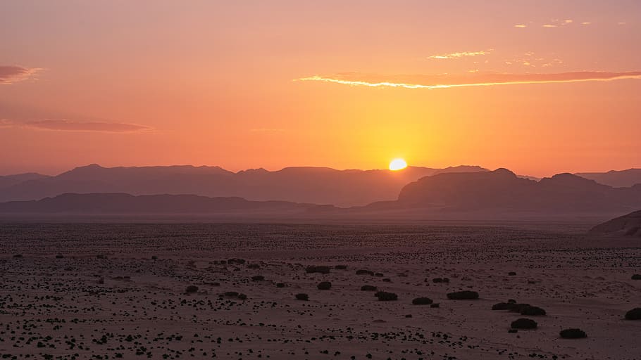 sunset, desert, wadi rum, jordan, landscape, sand, sky, nature, travel, mood
