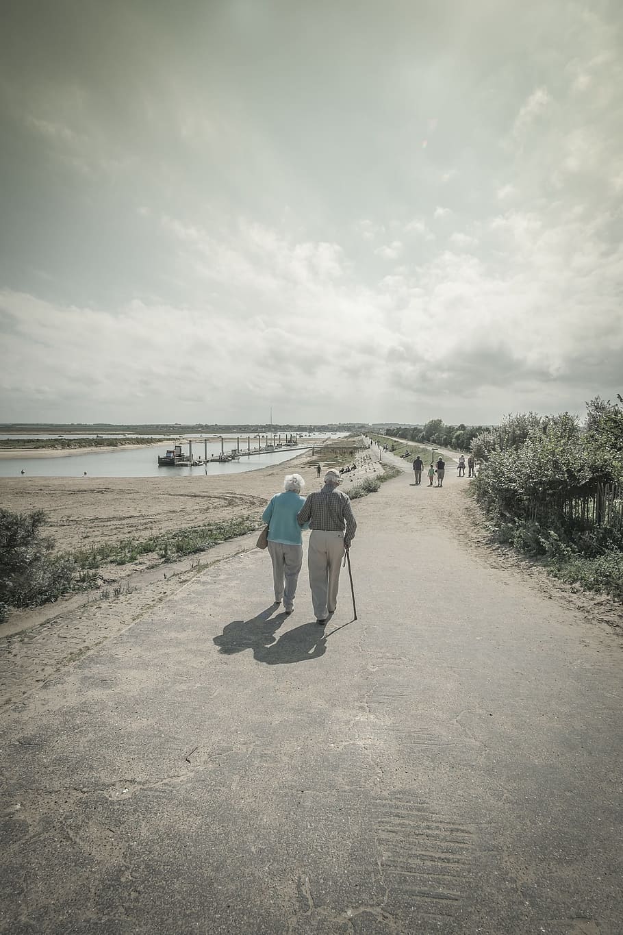 selective, color, two, person, walking, road, old, couple, elderly, love