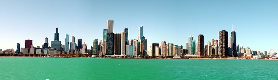 panorâmica, fotografia, edifícios, corpo, água, dia, chicago, cidade, linha do horizonte, lago michigan