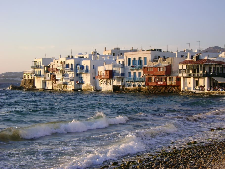 village, landscape, little venice, sea, greece, town, scenic, water, mediterranean, view