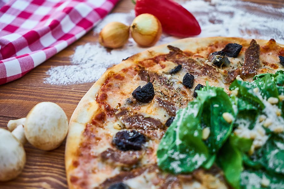 pizza, meat, dough, greens, olives, sausage, salam, ham, slice, detail