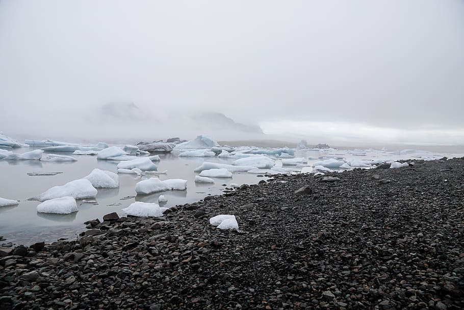 icebergs, glacier, iceland, ice, ice floe, sand, water, frozen, floating, melt