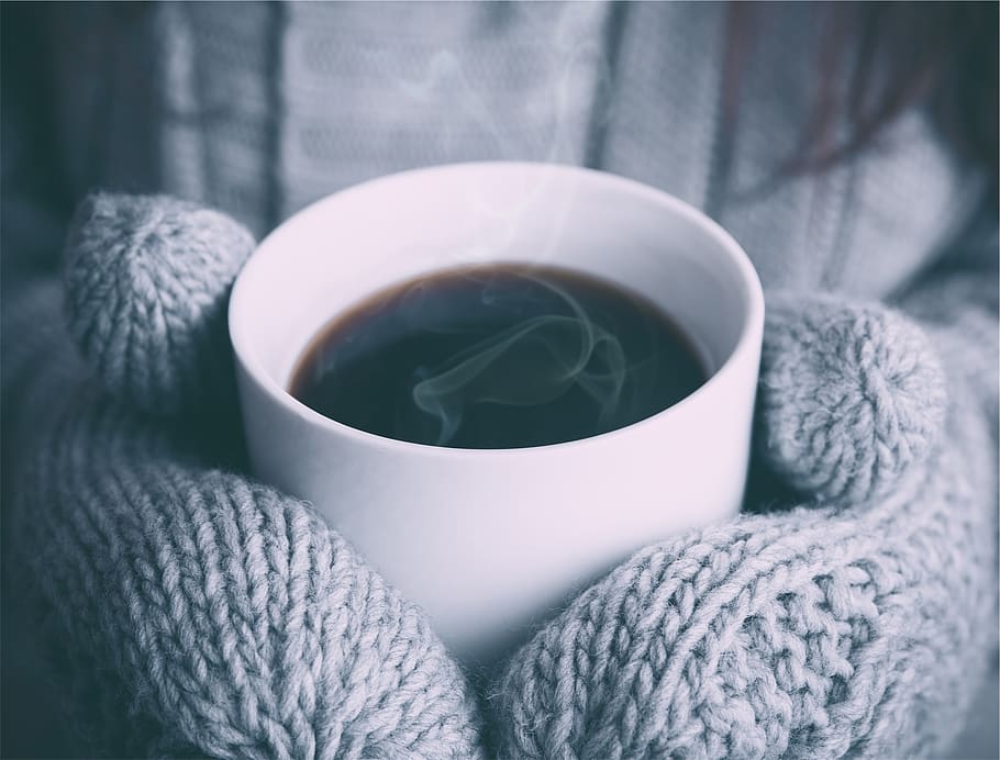 coffee, steam, hot, mittens, mitts, drink, cup, refreshment, food and drink, mug
