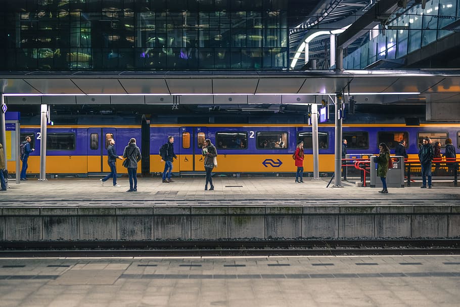 電車, 駅, ロッテルダム, オランダ, プラットフォーム, レール, 旅, 乗客, 鉄道, 交通