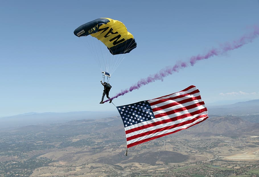 パラシュート, アメリカ, 旗, 煙, スカイダイバー, 軍事, スカイダイビング, ​​落下傘兵, 飛行, フラグ