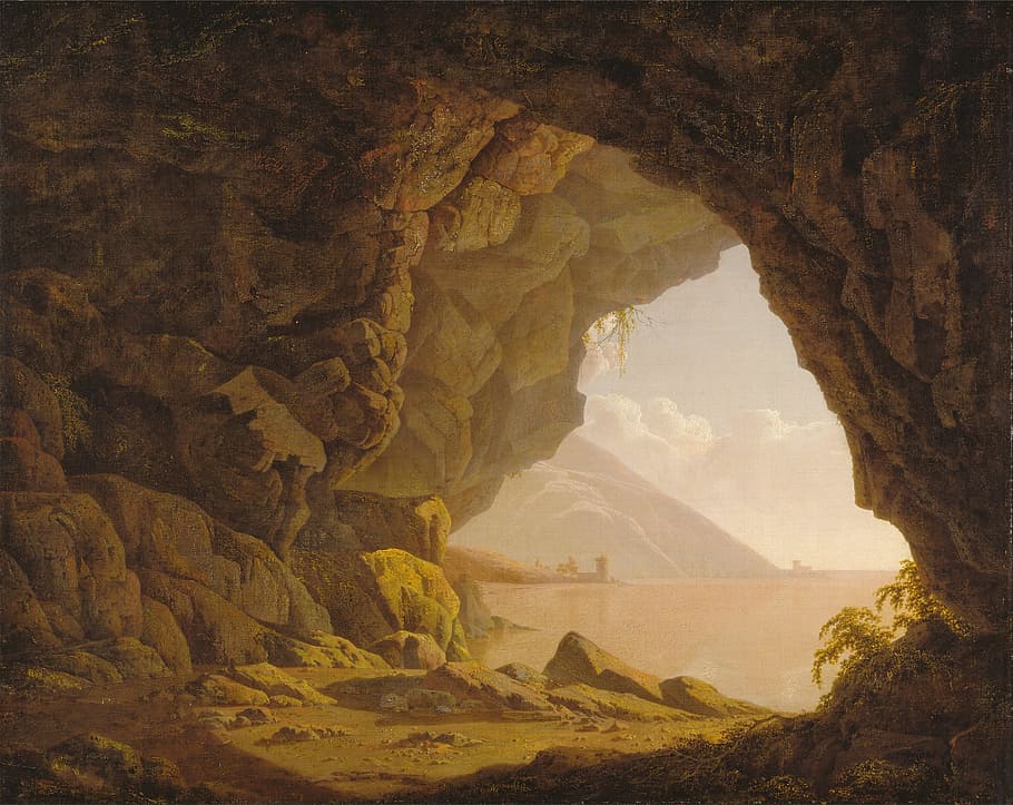 cave painting, joseph wright, art, artistic, painting, oil on canvas, artistry, landscape, sky, clouds