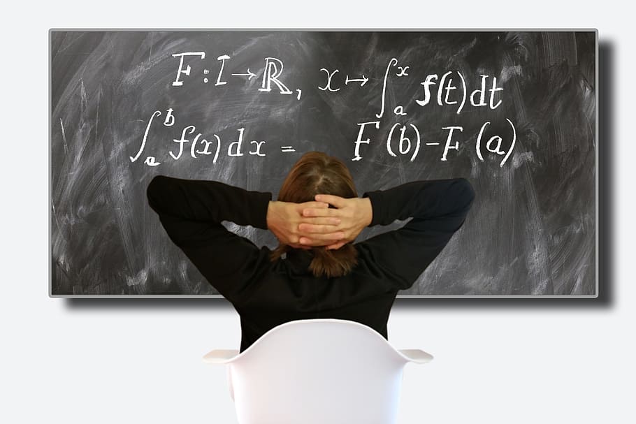 person, sitting, front, chalk board, mathematical, problem, differential calculus, board, school, university