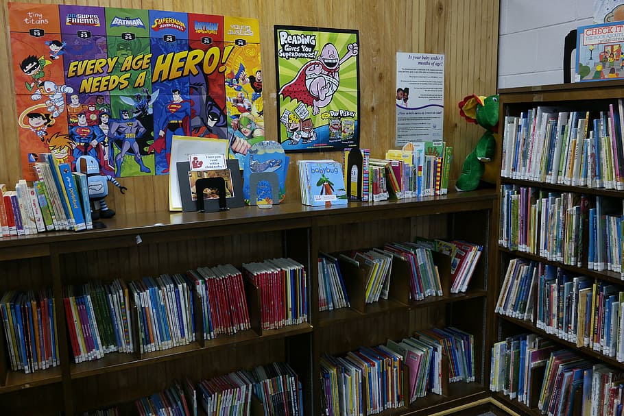 comic, books, brown, wooden, bookshelves, library, children's library, bookshelf, bookcase, educational