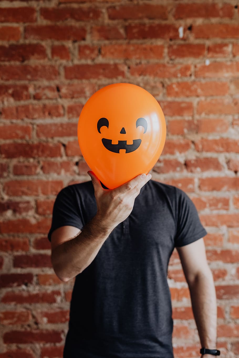 balloon, orange, face, funny, autumn, man, Halloween, one person, brick, wall