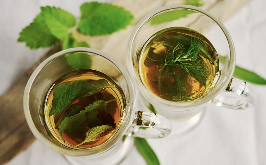two, clear, teacups, herbal tea, herbs, tee, mint, sage, fennel flavor, healthy