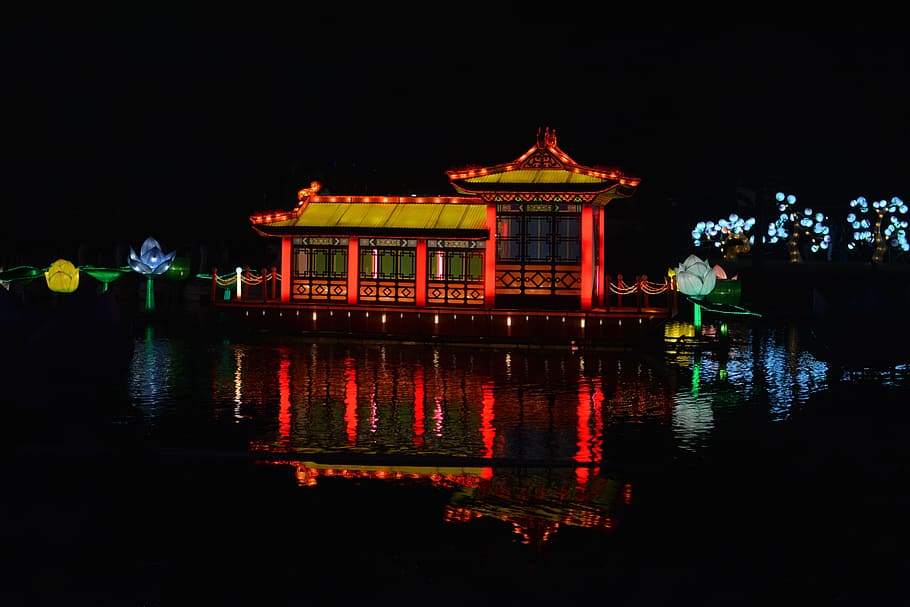 light, castle, night, dark, attraction, house, palace, reflection, water, built structure