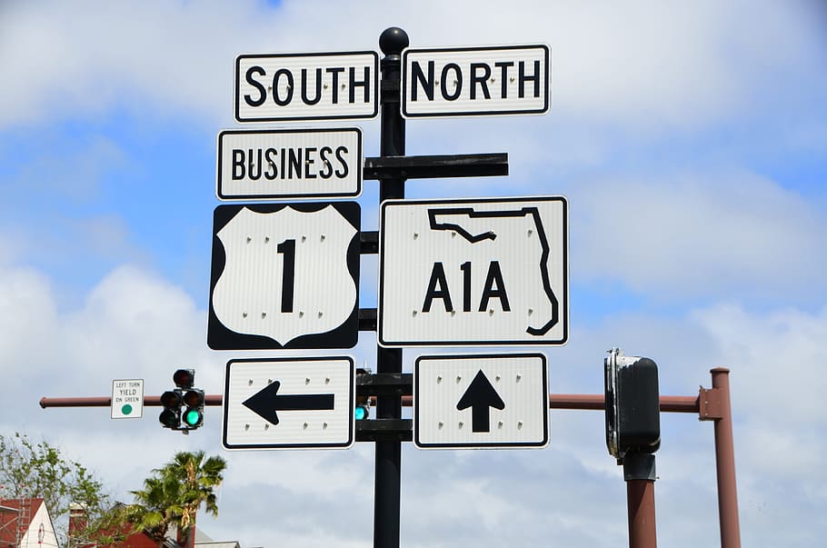 sinal de A1a, rota, Flórida, costa leste, estrada, seta, destino, direção, rodovia, ícone