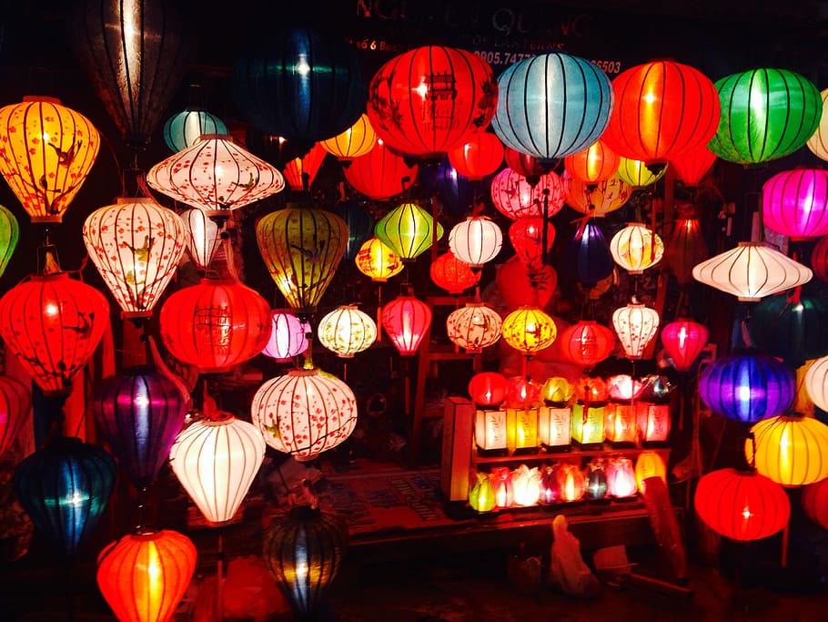 lanternas de papel de cores sortidas, luzes, lanternas, balões, lâmpada, decoração, noite, coloridos, iluminação, asiáticos