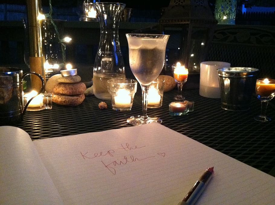 keep, faith, handwritten, notebook, wine, candlelight, candle, glass, romantic, dining