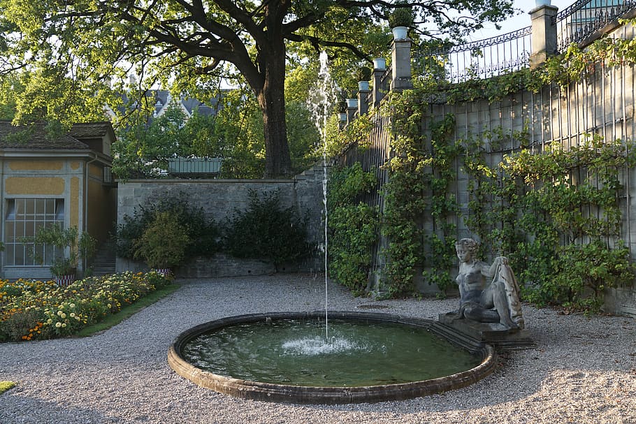 fountain, water, sculpture, zurich, plant, tree, nature, architecture, day, built structure