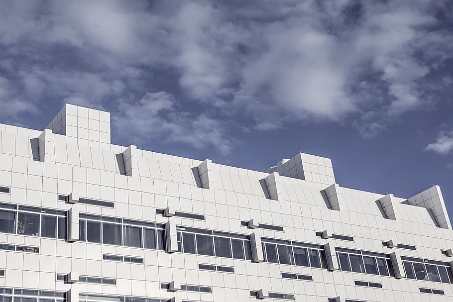 modern, building, white, architecture, windows, sky, clouds, blue, squres, rectangles