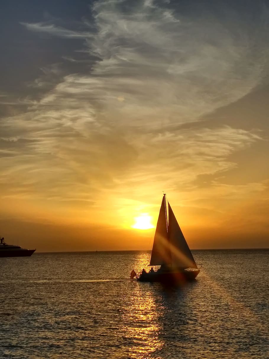 silhouette, sailing boat, sunrise, sailboat, ibiza, summer, sunset, balearic islands, sea, island