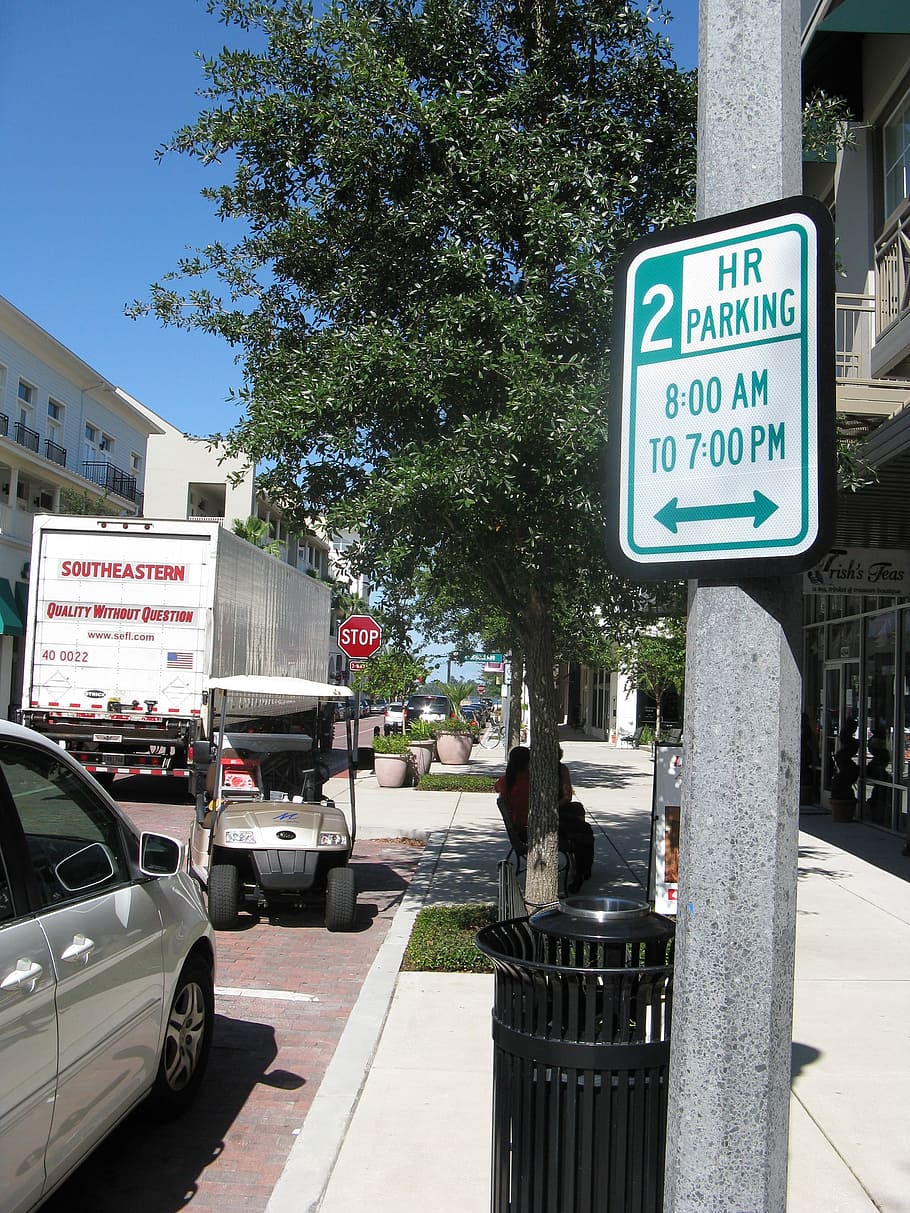 Orlando Florida, Estacionamento, Sinal, Caminhões, sinal de estacionamento, tráfego, estrada, cidade, rua, urbano