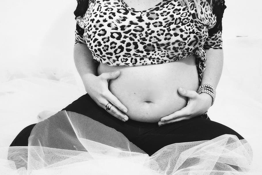 grayscale photography, woman, holding, belly, front, mesh, net, pregnancy, pregnant, mother